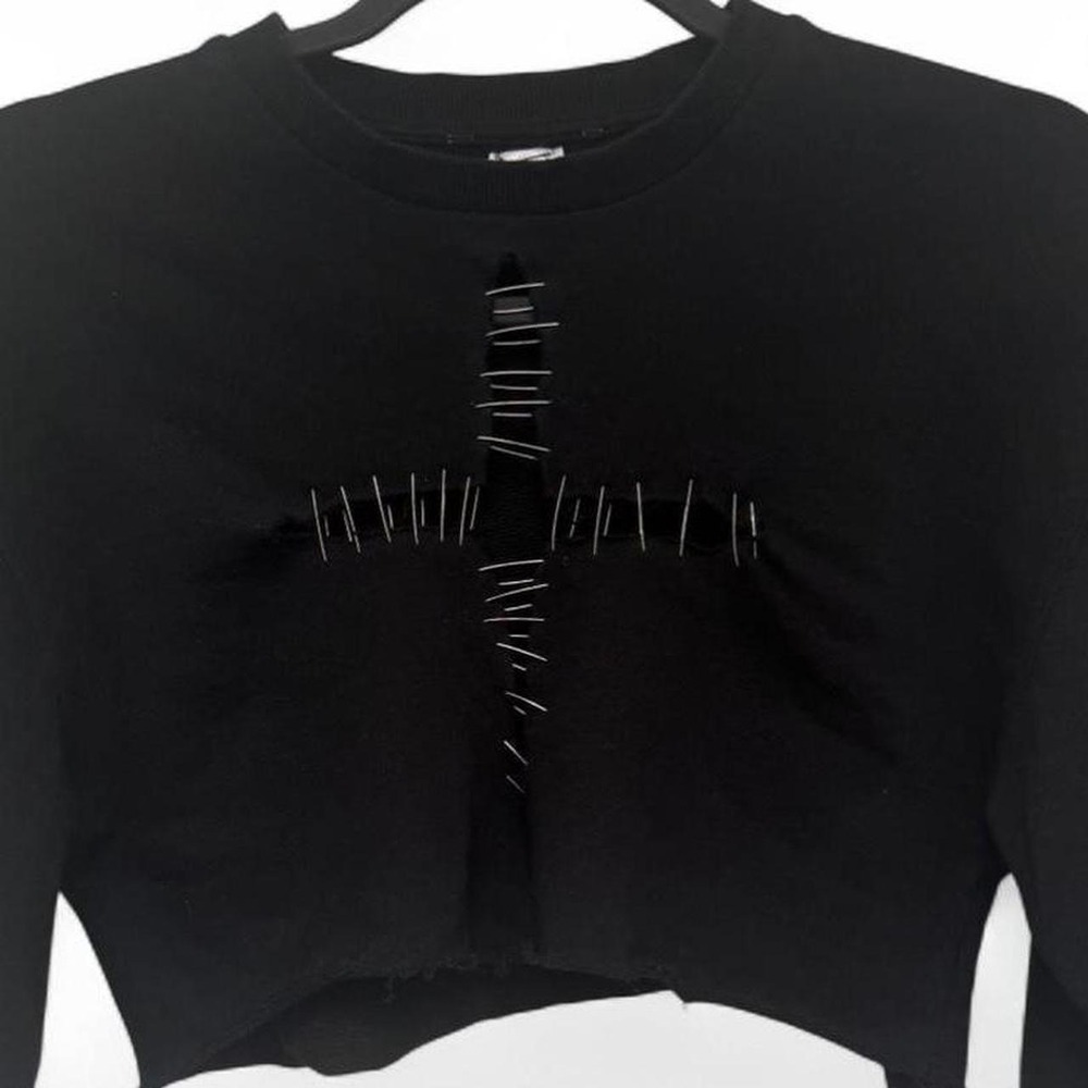 Upcycled NYC Designer Black Cropped Sweatshirt Safety Pin Cross Punk Goth S